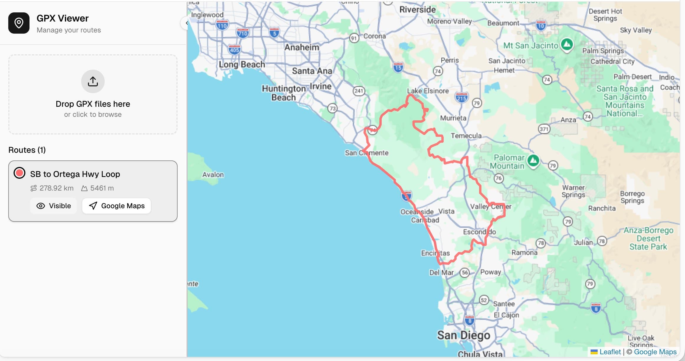 GPX2Map — the SB to Ortega Hwy Loop drawn on Google Maps